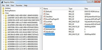 Delete the Upperfilters and Lowerfilters registry values