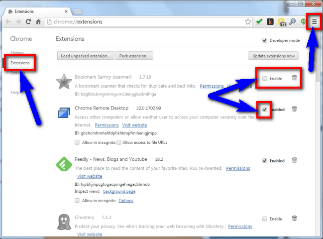 Disable Google Chrome Browser Extensions Error 107