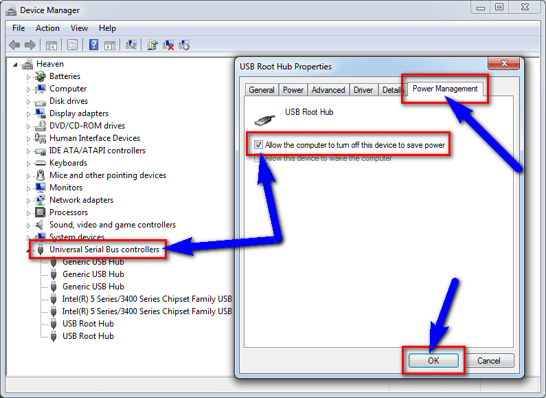 Deselect the USB selective suspend settings Code 39