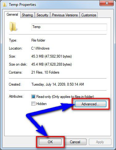 Temp Folder Properties option