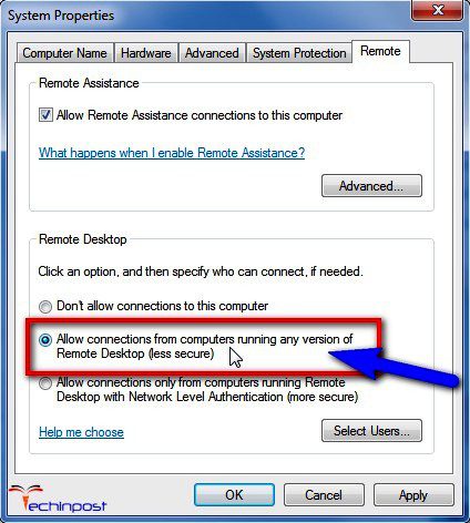 Click on "Allow connections from computers running any version of Remote Desktop (less secure) How to Connect Two Laptops