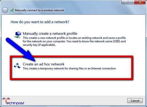 Select 'Create an ad hoc network" option there