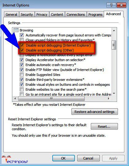 Disable the Script Debugging on the Internet Explorer
