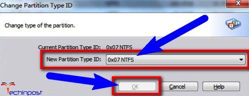 In the New Partition Type ID, select the "0x07 NTFS" there