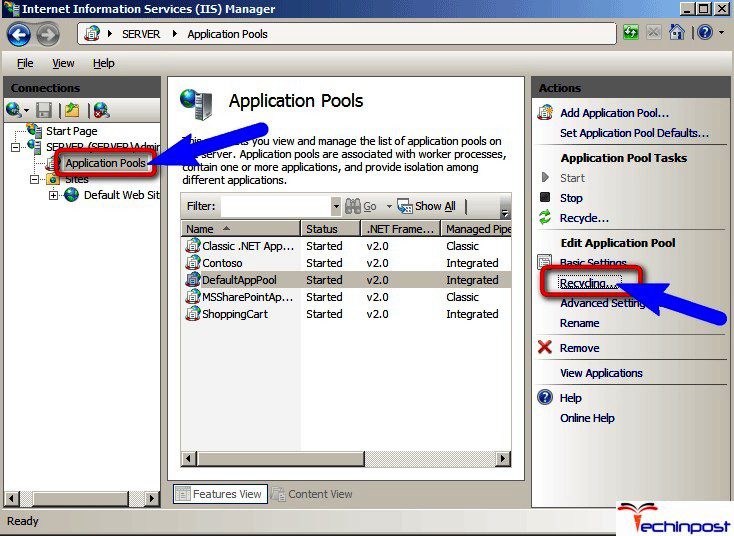 Configure the Application Pool to Recycling