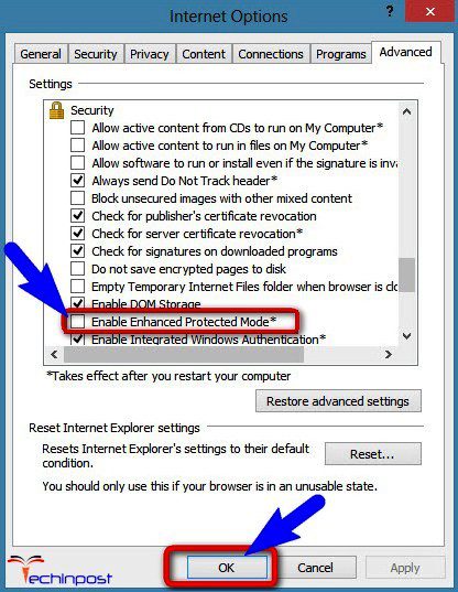 Disable the Enhanced Protected Mode from Internet Explorer