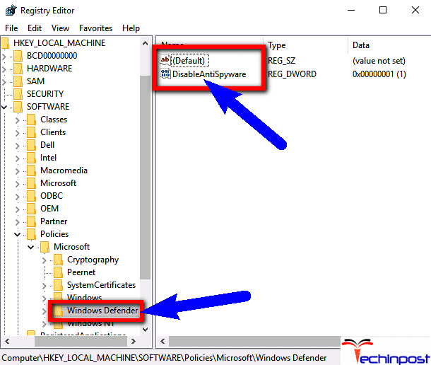 Disable Windows Defender from the Registry Editor