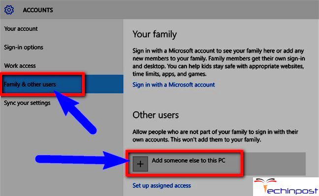 navigating to the Settings > Accounts >Family & other users