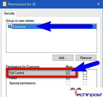 Select Everyone from the user names list and enable "Allow" check box given for "Full Control" permission One or More Network Protocols are Missing on this Computer
