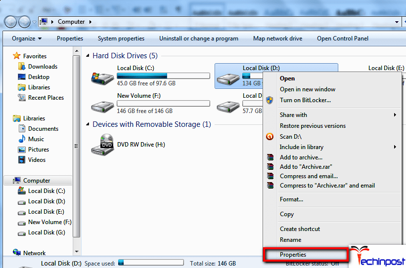 Right-click on a partition of the HDD that has been affected by this Windows Detected a Hard Disk Problem Virus issue and clicked onÂ Properties