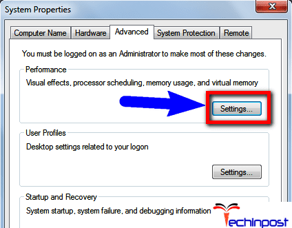 Under the Advanced tab, click on Settings button of the Performance