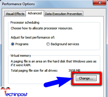 click on Advanced tab and then again click on Change button which is under the Virtual Memory