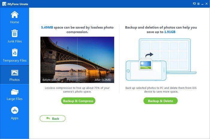 Go to the photos tab to compress the photos or mass delete the pictures. iMyFone Umate Pro for Windows