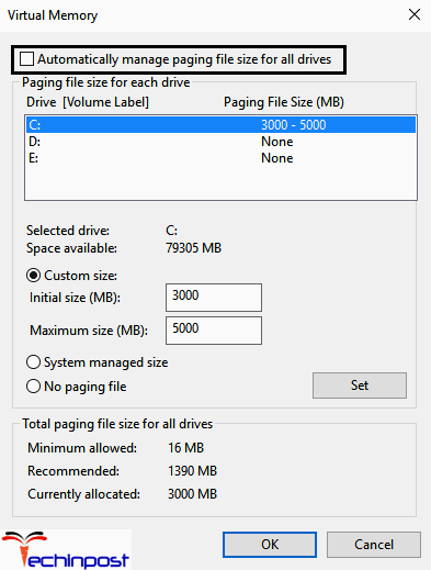 Now uncheck the option Automatically manage Your Computer is Low on Memory