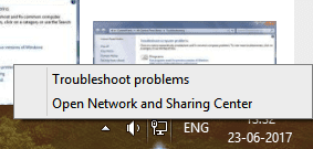 For WindowsÂ 7, open Network troubleshooter by right-clicking on the network icon from the notification bar and then select the Troubleshoot problems option