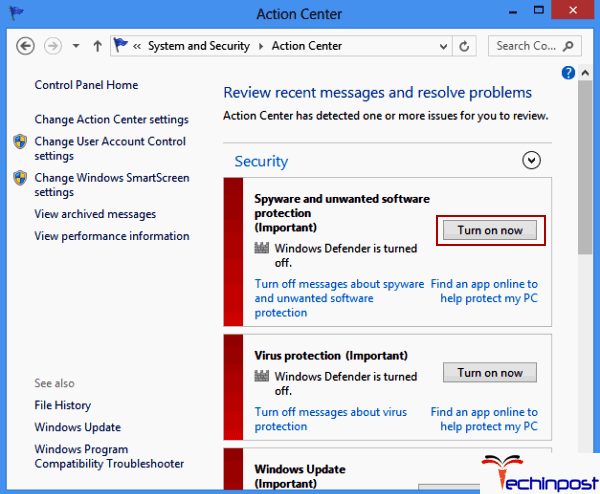 Enable Windows Defender in the Action Center