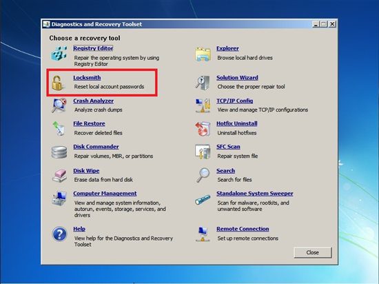 When you boot up to Diagnostics and Recovery Toolset, you'll have several options available to you, including Locksmith, which is what I am going to use to reset forgotten Windows 10 password