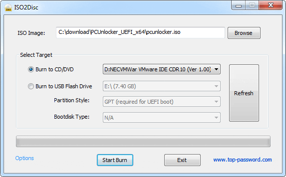 To begin, use your friend's computer to download PCUnlocker ISO image, and write it to a CD disk or a USB flash drive using the freeware ISO2Disc