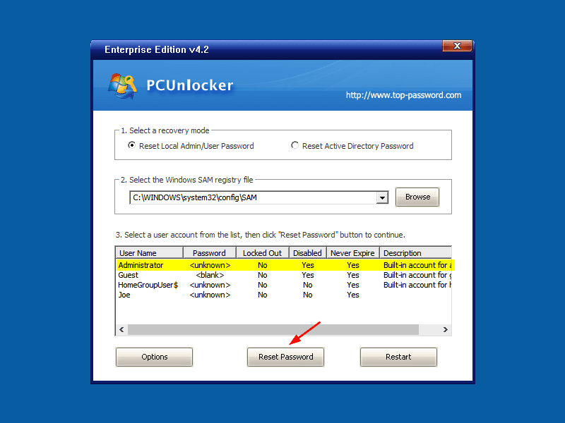 When you boot up to the PCUnlocker program, It will show the list of users available in your Windows 10 system