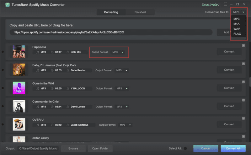 TunesBank Spotify Music Converter can simultaneously convert Spotify songs into different audio formats