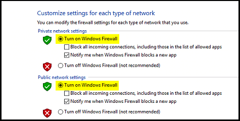 Turn Windows Defender Firewall on or off'