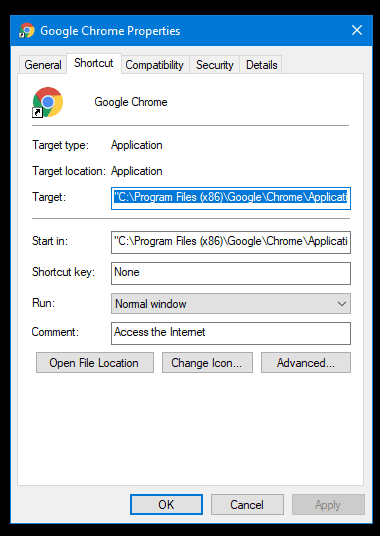 chrome target location Windows Cannot Access the Specified Device Path or File