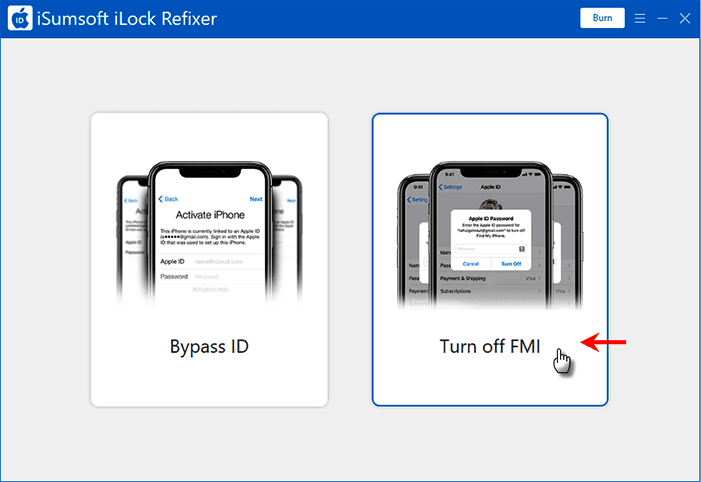 Open iSumsoft iLock Refixer on your PC and choose the Turn off FMI option.