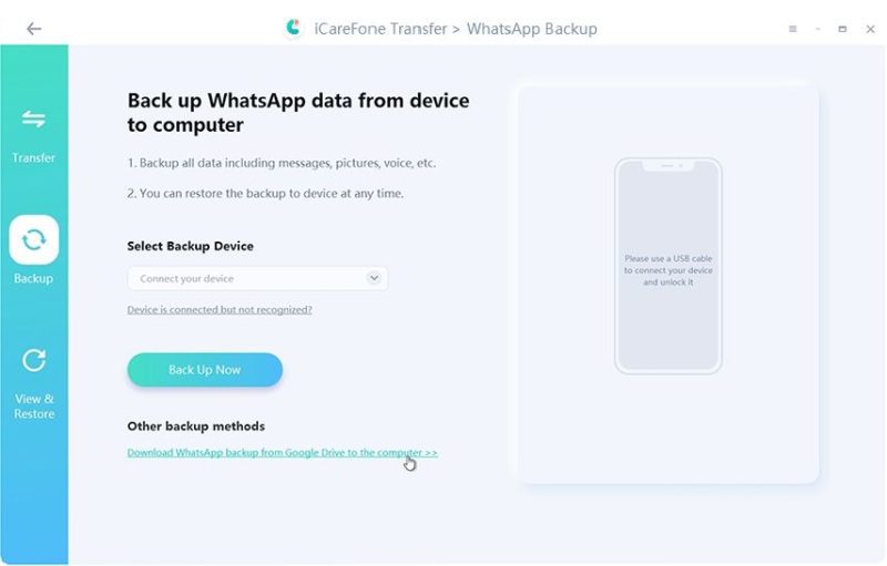 Download and install iCareFone Transfer on your computer and choose WhatsApp from the tool's Home screen
