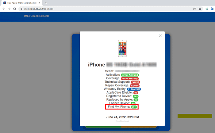 Clicking the Query button will open an online webpage that allows you to query Apple device information, including Find My iPhone status