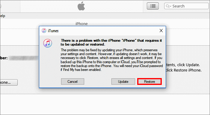 Open iTunes on your PC, and it will automatically detect the connected iPhone and pops up a dialog giving you the option to update or restore your iPhone