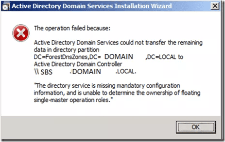 The Directory Service Is Missing Mandatory Configuration Information