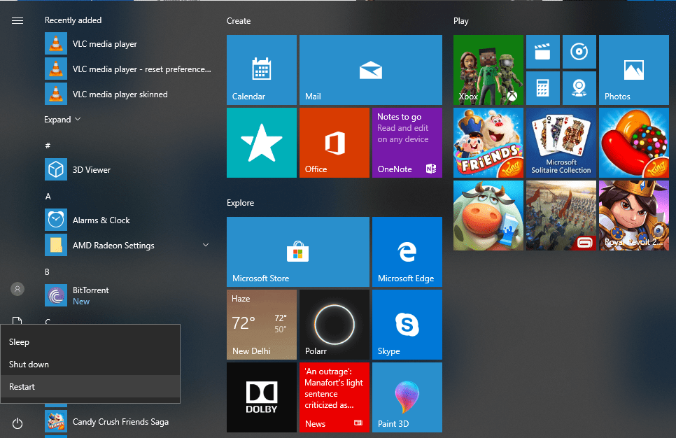 Windows 10 Black Screen after Login restart-windows-10-from-start-menu