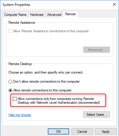 Allow connections from computers running any version of Remote Desktop (less secure)