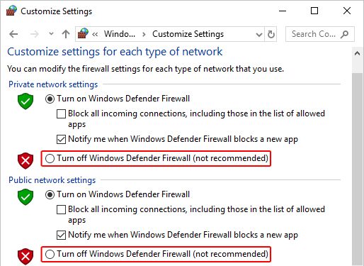Turn off Windows Firewall (not recommended)