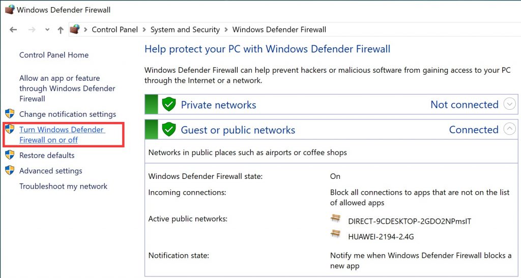 Turn Windows Defender Firewall On or Off